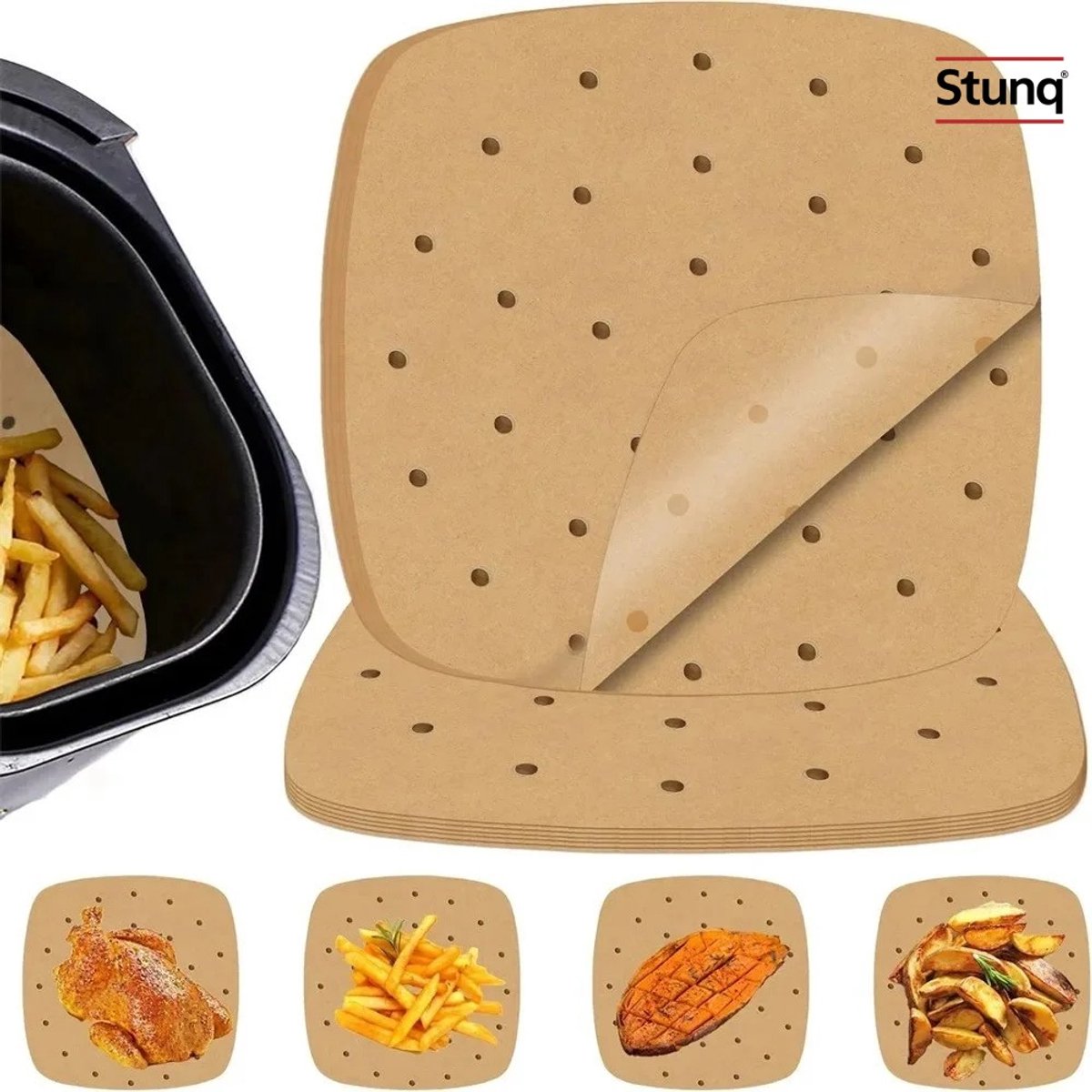 Stunq® Airfryer bakpapier 8,5 inch – 100 stuks geperforeerde wegwerp liners
