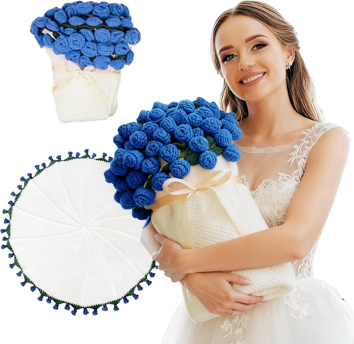 Bouquet Blanket - Handgehaakte deken - Versierd met 52 handgemaakte bloemen - 80 cm - Omvormbaar tot een boeketdeken - Rozendeken - Blue Enchantress Roses - Geschikt voor banken, bedden, banken - Valentijnsdagcadeau - Blauw