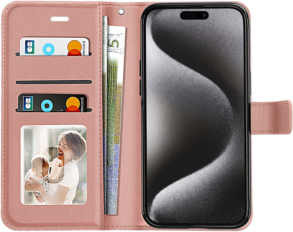Mayaxess, Portemonnee Hoesje Geschikt voor Apple iPhone 15 Pro Max met Standaard en Polsband, Roségoud