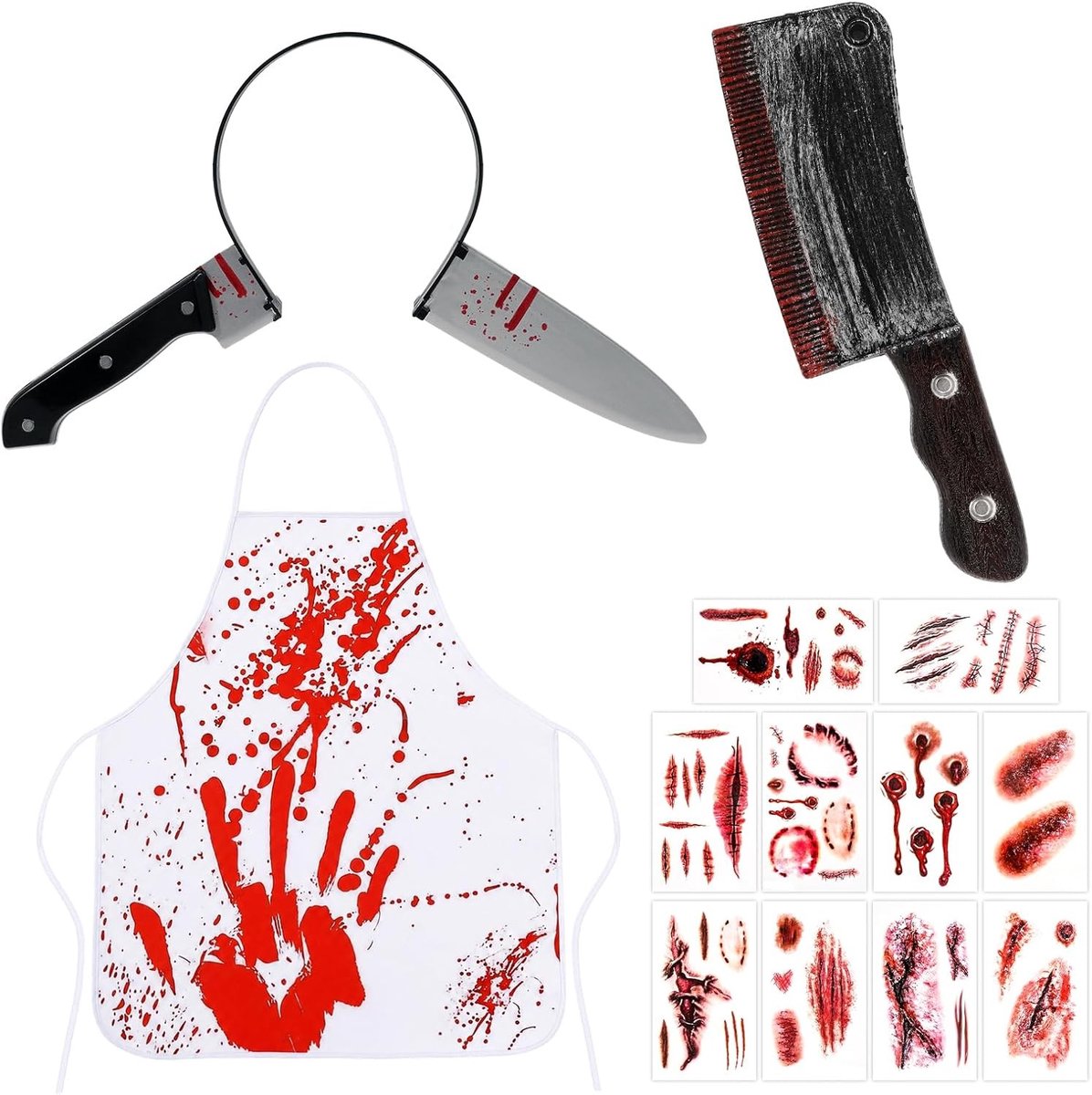Eng Halloween-kostuumset met hoofdband, bloedige schort, nepmes en littekentatoeages voor een griezelige uitstraling