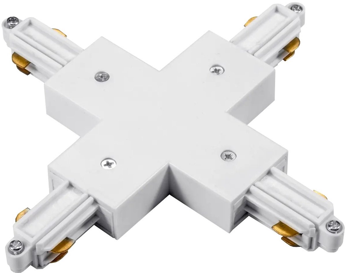 Track 1F X-connector voor 1-fase railsysteem, wit, kruisverbinding met earth-aansluiting aan de buitenzijde, Deco-collectie