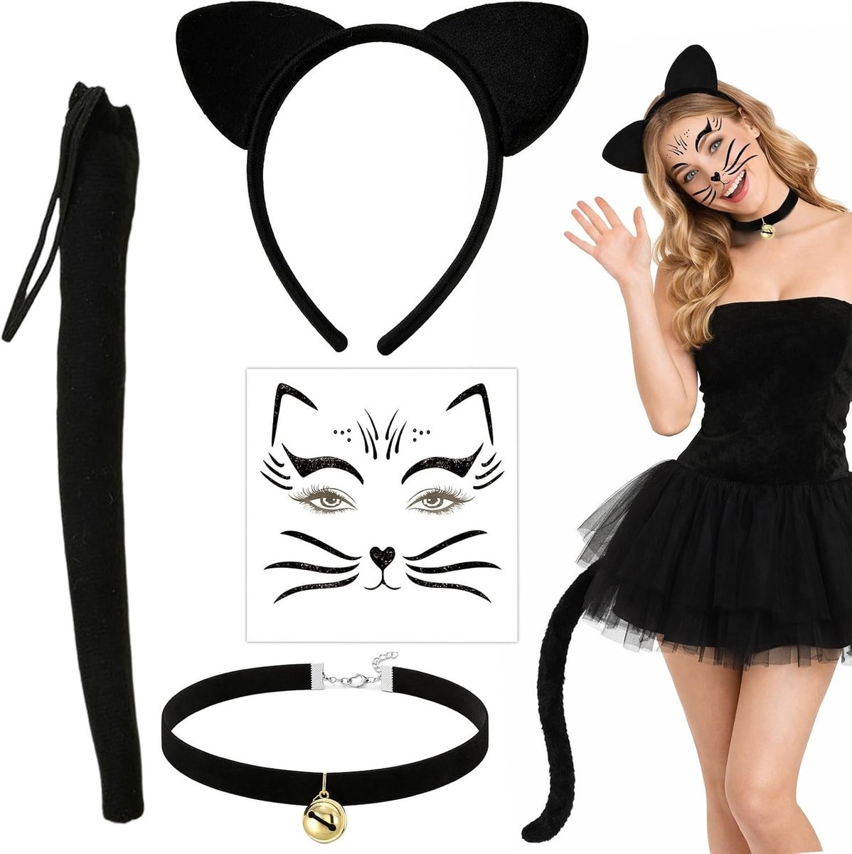 Schattige kattenkostuumaccessoires met oortjes, staart, ketting met bel en gezichtstatoeage voor Halloweenfeest