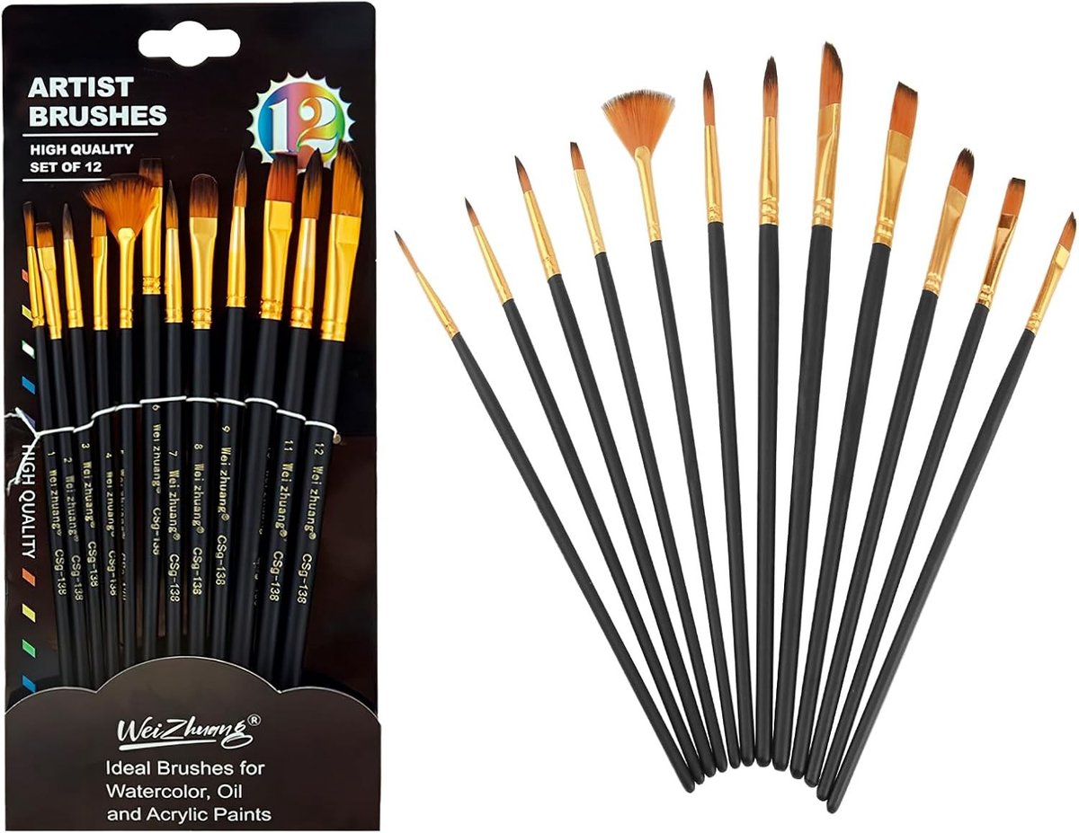 Set van 12 Waterverf Penselen voor Acryl, Make-up en Kinderen - Perfect voor Feesten en Beginners