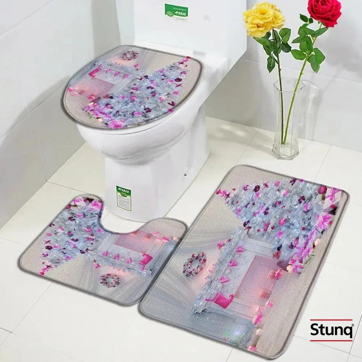 Stunq® Kerst Badmat Set met Bloemenprint en Glanzende Randen