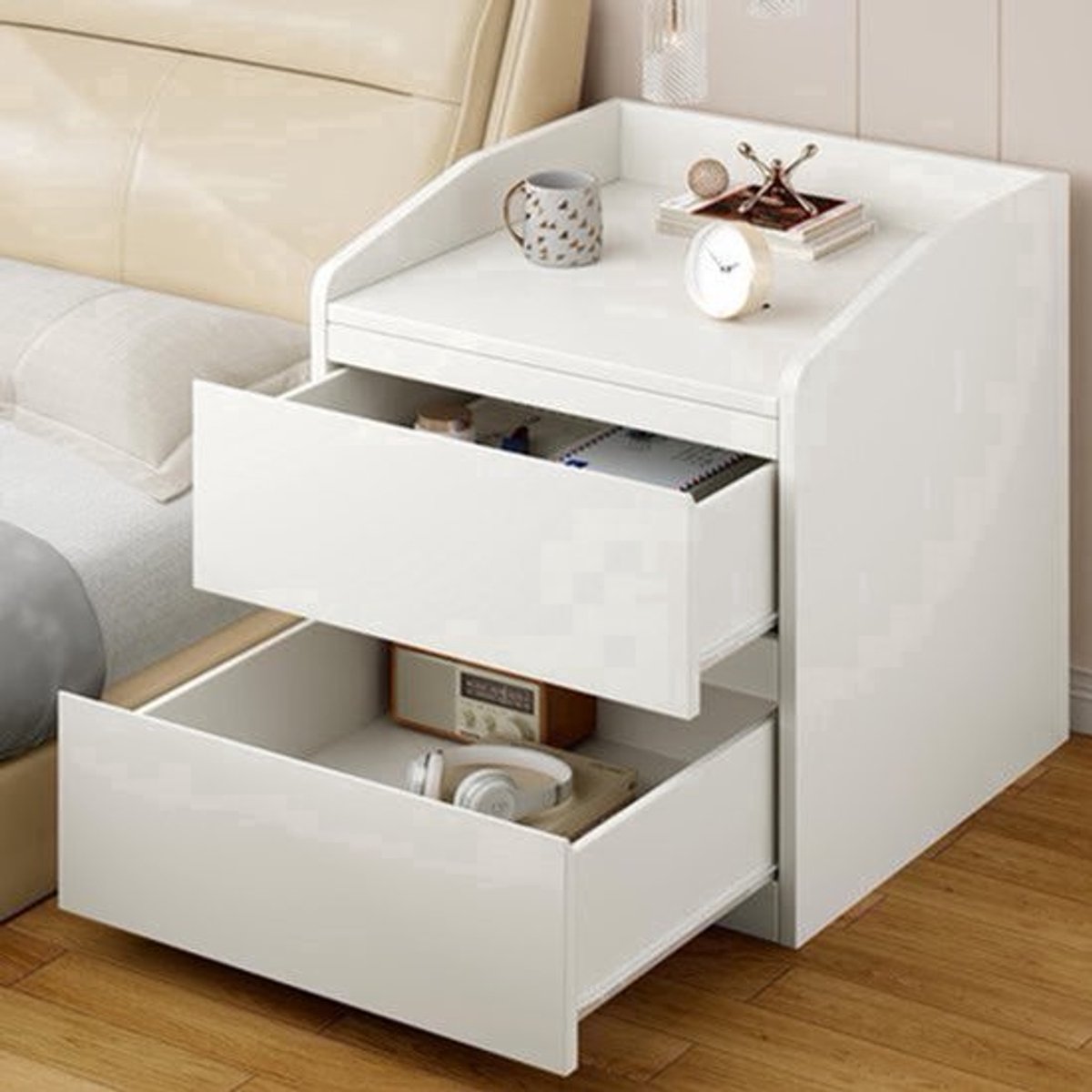 Nachtkastje – Bijzettafel – Opbergkastje – Ladekast – Wandkast – Modern Wit – Metalen Frame – Handgreeploos Design – 2 Ruime Lades – Eenvoudig Te Monteren – Duurzaam MDF