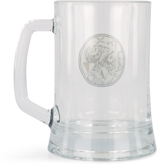 Glazen bierpul met een gravure van een Romeinse soldaat en de letters "XA".