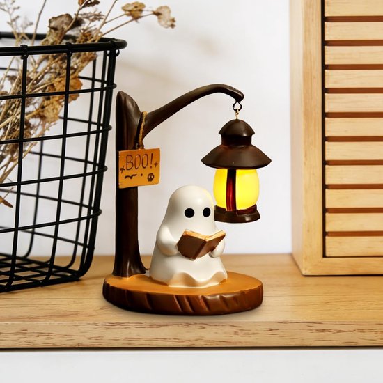 Spook leeslamp, Verlicht Spook bureaulamp, LED-leeslamp, Lichtgevend beeldje, Harsbeeldje, Halloween-decoratie voor kantoor, slaapkamer, studentenkamer, Spook onder de lamp — afbeelding 4