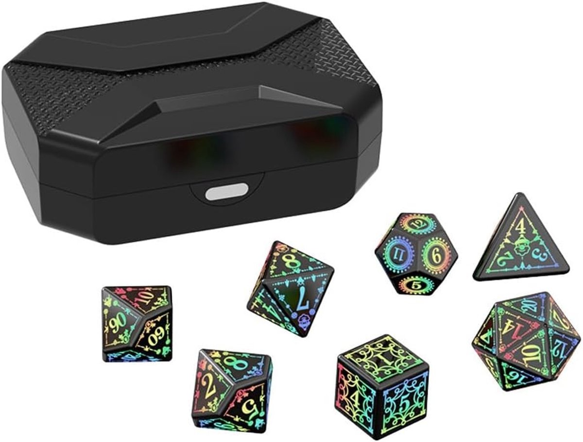 Oplaadbare LED dobbelstenen set van 7 stuks voor Dungeons and Dragons, tabletop spellen en rollenspellen met oplaadbare doos