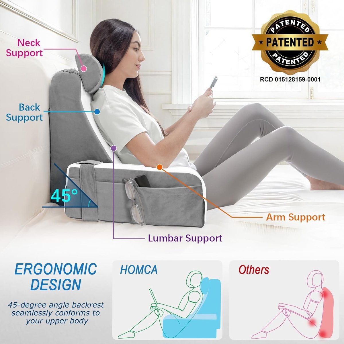 Wigkussen bed - Fluweel - 36x40x48 cm - Ergonomisch Rugsteunkussen met Afneembare Nekrol en Armleuning - Voor Lezen en Ontspannen