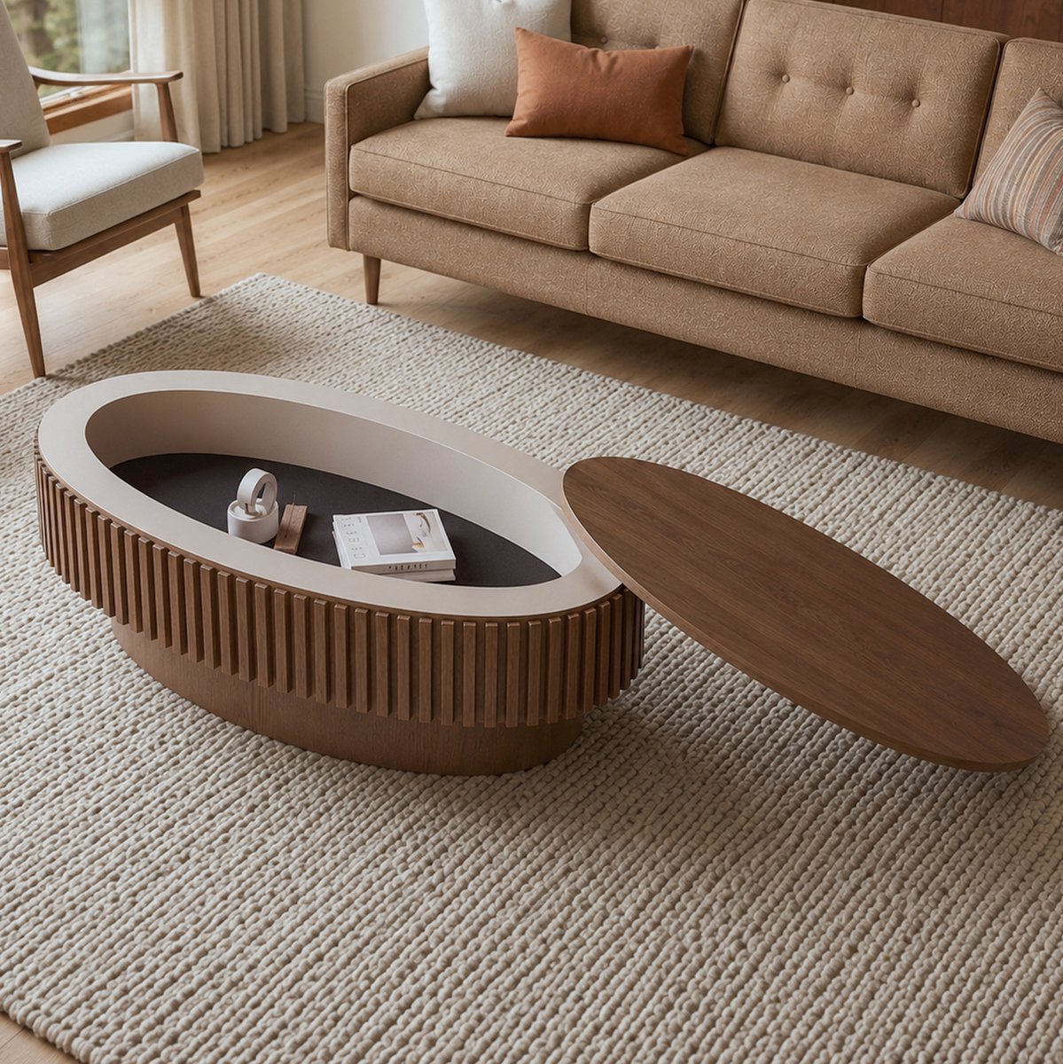 REDOM Salontafel - Verborgen opbergruimte - Ovaal afneembaar blad met geribbelde zijkant - Modern - Woonkamer - Hout en MDF - Walnoot - 98 x 60 x 35 cm