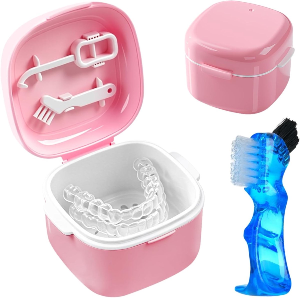 Tandprothesendoos - Roze - 9 x 9 x 6,5 cm - Hoogwaardig PP-Materiaal met Prothesenborstel - Voor Tandprothesen en Orthodontische Apparaten