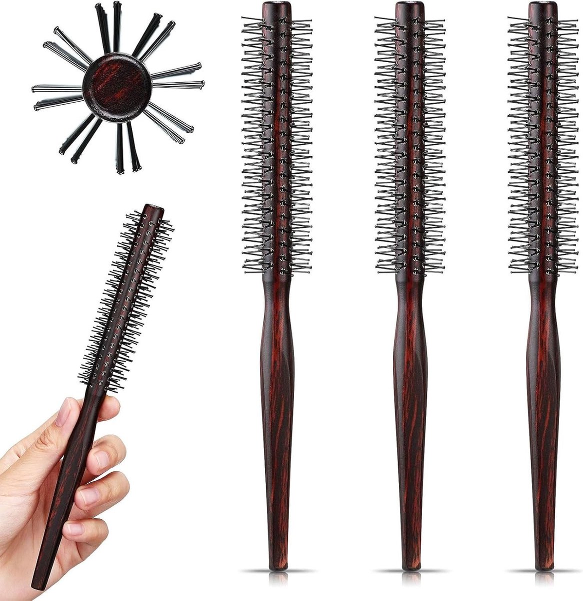 Set van 3 Kleine Ronde Haarborstels voor Korte Haarsnit, Perfect voor Fohawk, Pony en Krullen, Ideaal voor Dun Haar en Baardverzorging