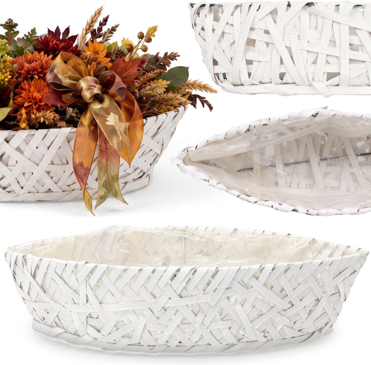 Witte, HOUTEN plantenbak, GEVLOCHTEN bootvormige pot voor planten 42x14x10 cm