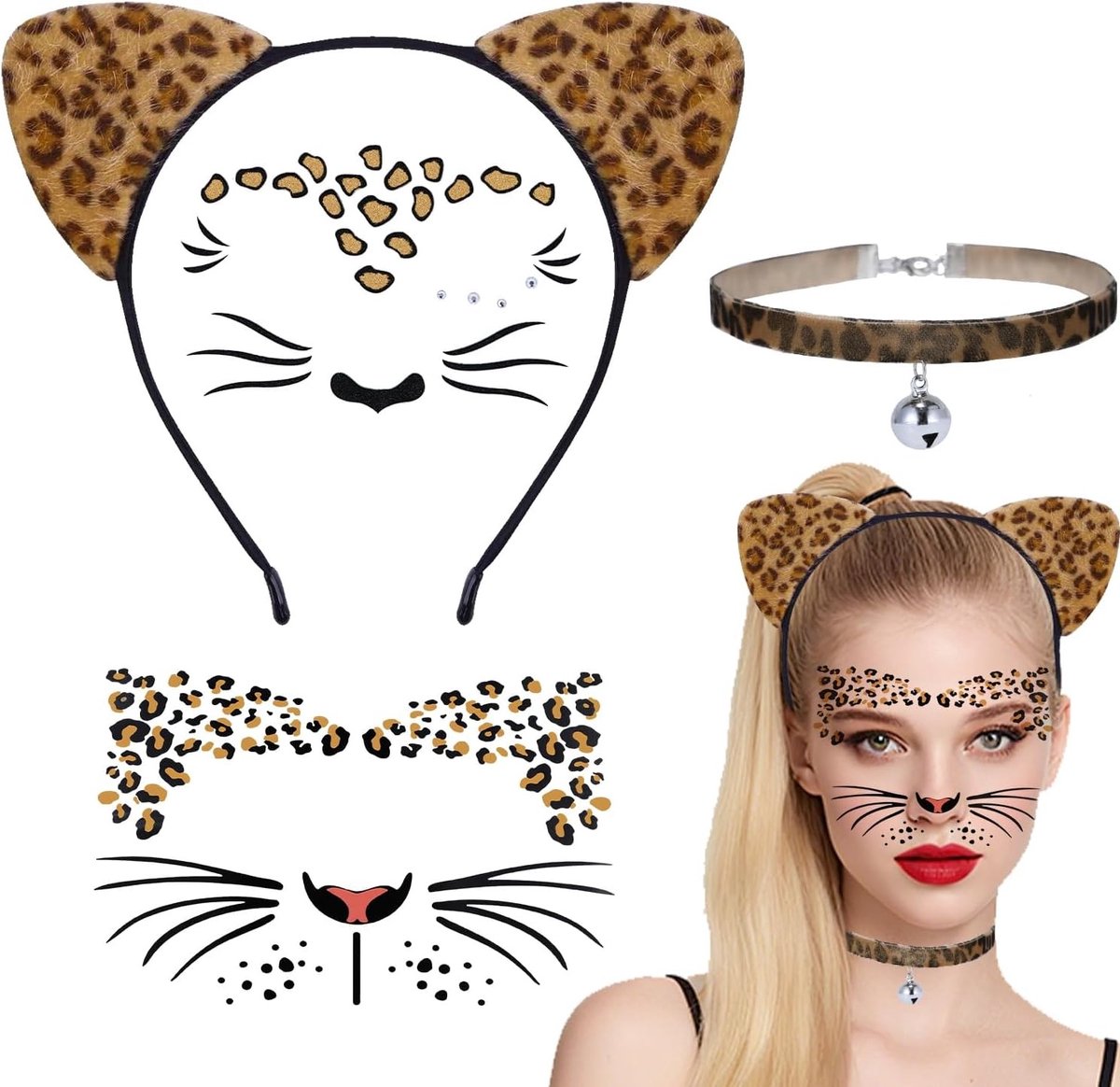 Leopard Oren Hoofdband met Ketting - Dierenkostuum Accessoires voor Vrouwen, Perfect voor Halloween en Cosplay