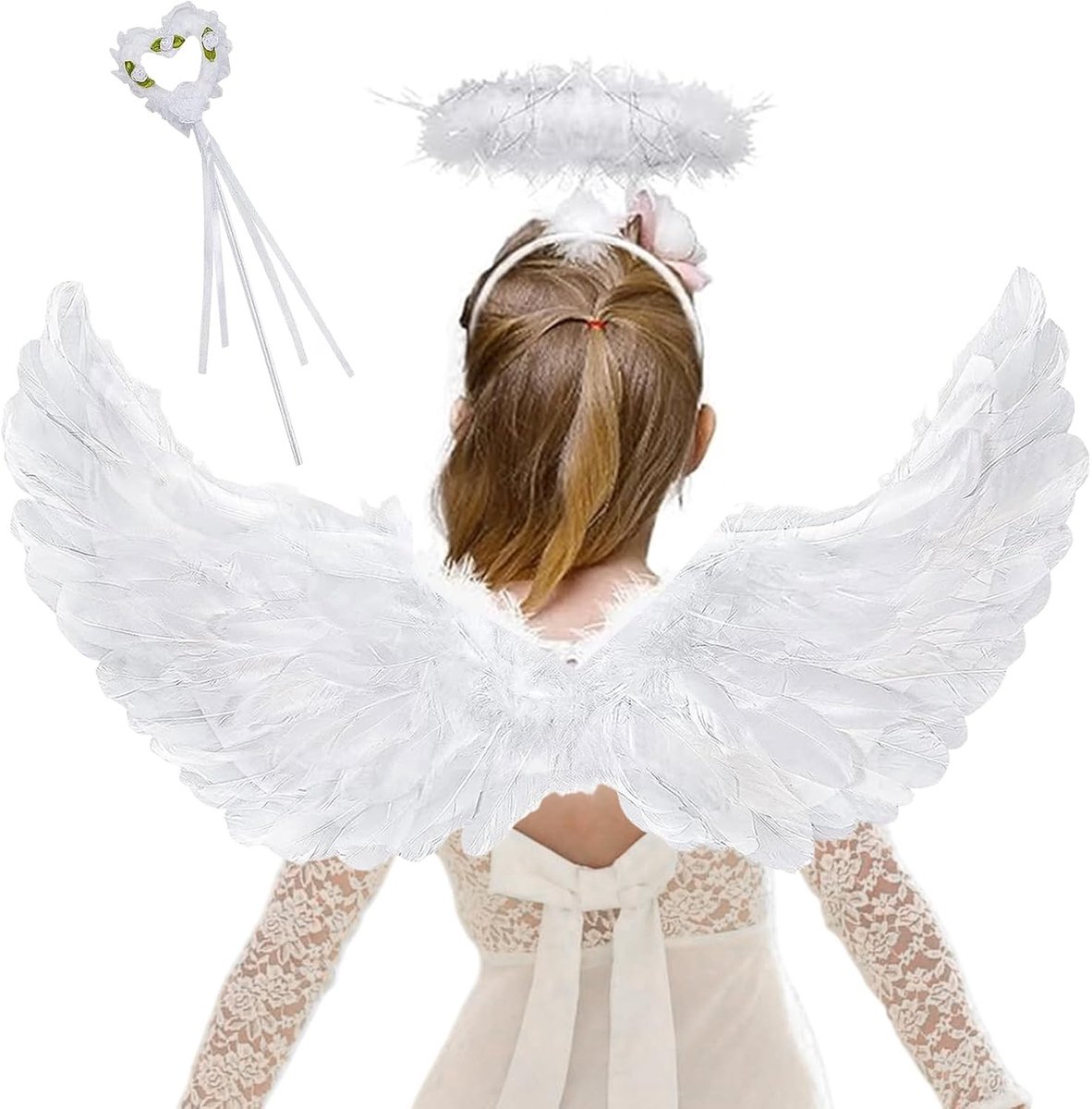 Elegante Witte Engel Vleugels van 60 cm met Halo en Toverstaf voor Halloween Kostuum, Perfect voor Kinderen en Volwassenen
