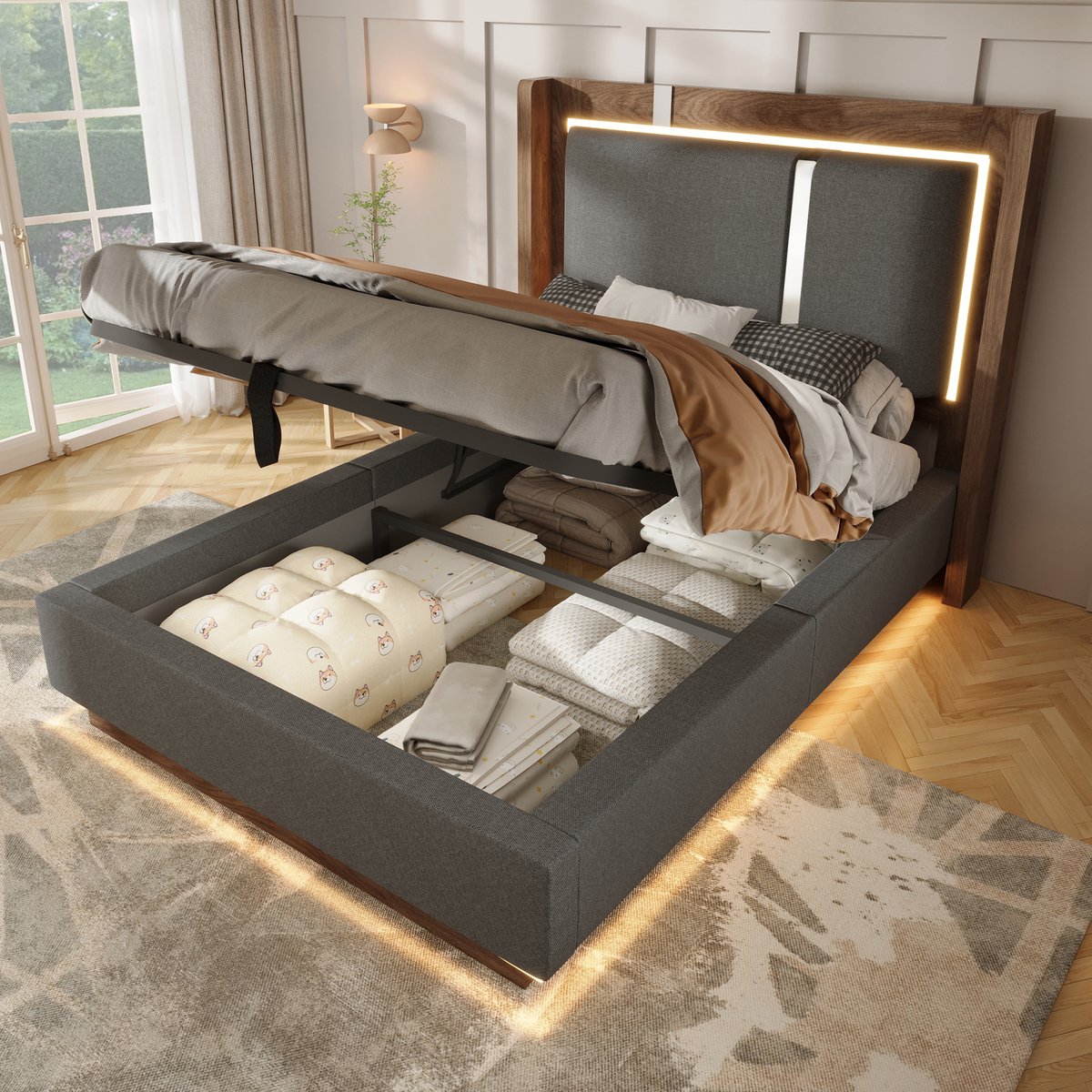 Clruro Opbergbed - 90x200 cm - Hydraulisch - LED en Lattenbodem - Linnen - Grijs/Walnoot