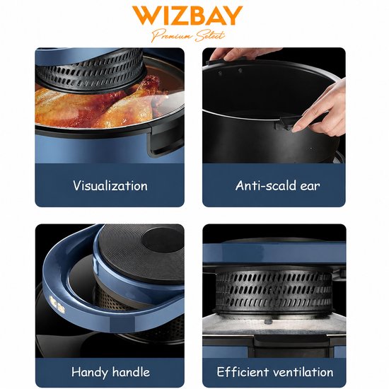 Vier close-ups van een blauwe airfryer: zichtvenster, antislip handvat, de verwijderbare mand en ventilatie.