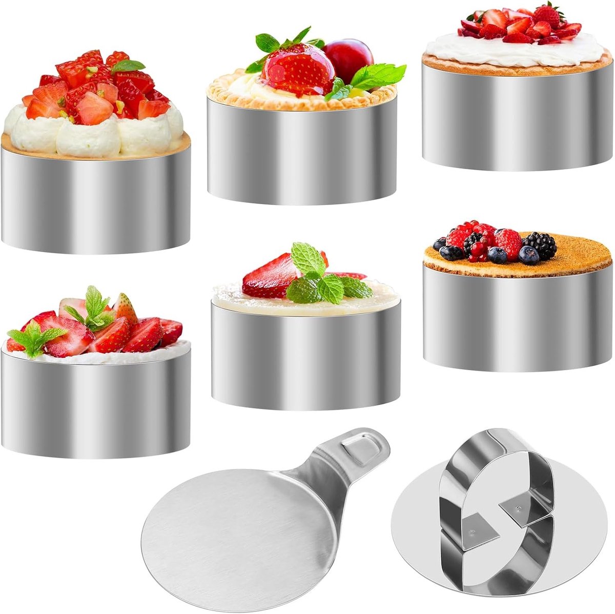 Set van 6 RVS Dessertringen 8 cm - Taartvormen met Deksel en Basisplaat voor Bakken en Dessertcreaties