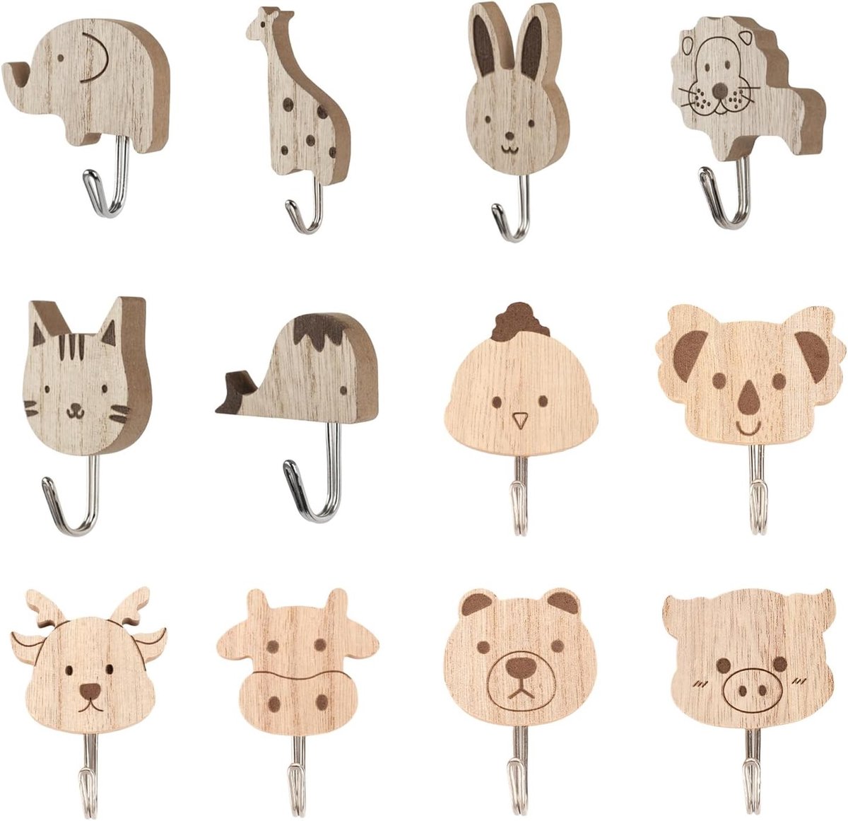 12 Stuks Schattige Cartoon Dieren Kledinghaken voor Kinderen - Zelfklevende Decoratieve Haken voor Kinderkamer, Slaapkamer en Badkamer