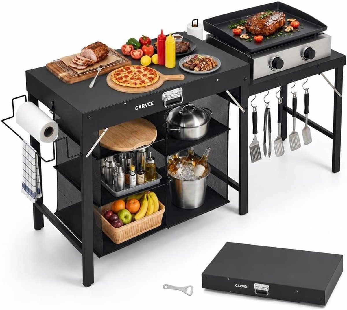 Opvouwbare grill tafel voor buiten,voor buiten,Opvouwbare barbecue tafel met plank en 5 haken, draagbare campingtafel voor tuin, terras en camping,zwart