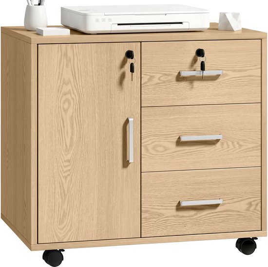 Houten archiefkast met 1 deur en 3 laden, met een printer erbovenop.