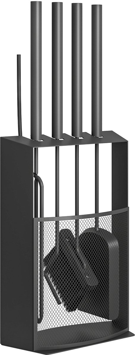 5 - delige metalen haardgereedschapset met borstel - schep - pook - tang en standaard - 28x13x59 - 5 cm - zwart