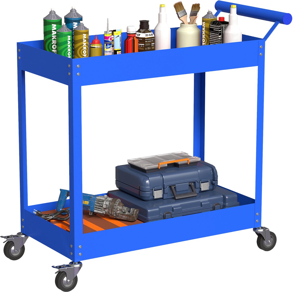 Werkplaatswagen met 2 niveaus - zijhandgreep en vergrendelbare wielen - 84 - 5x38x84 cm - blauw