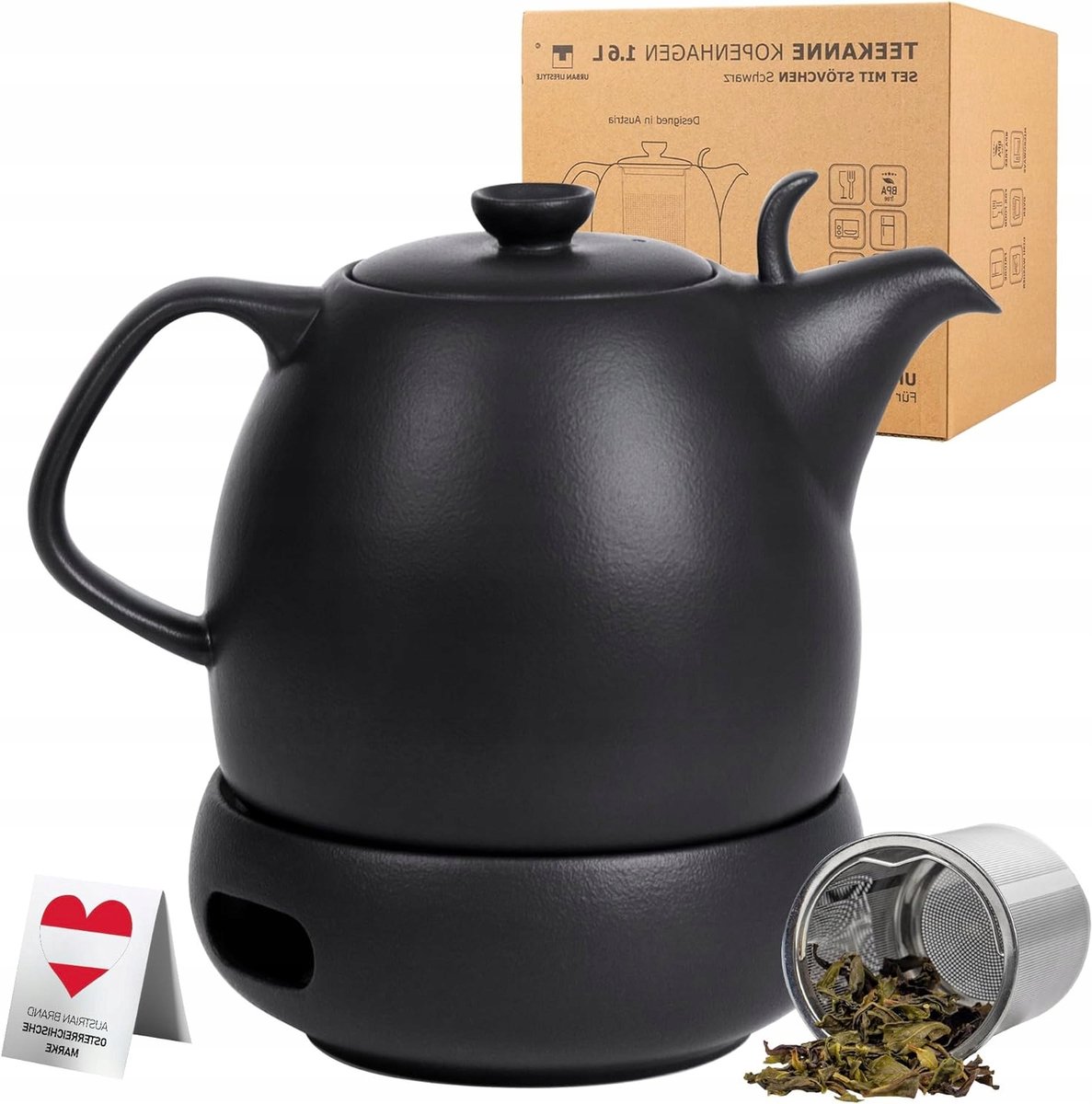 Porseleinen Theepot met Onderzetter 1,6L - Zwart