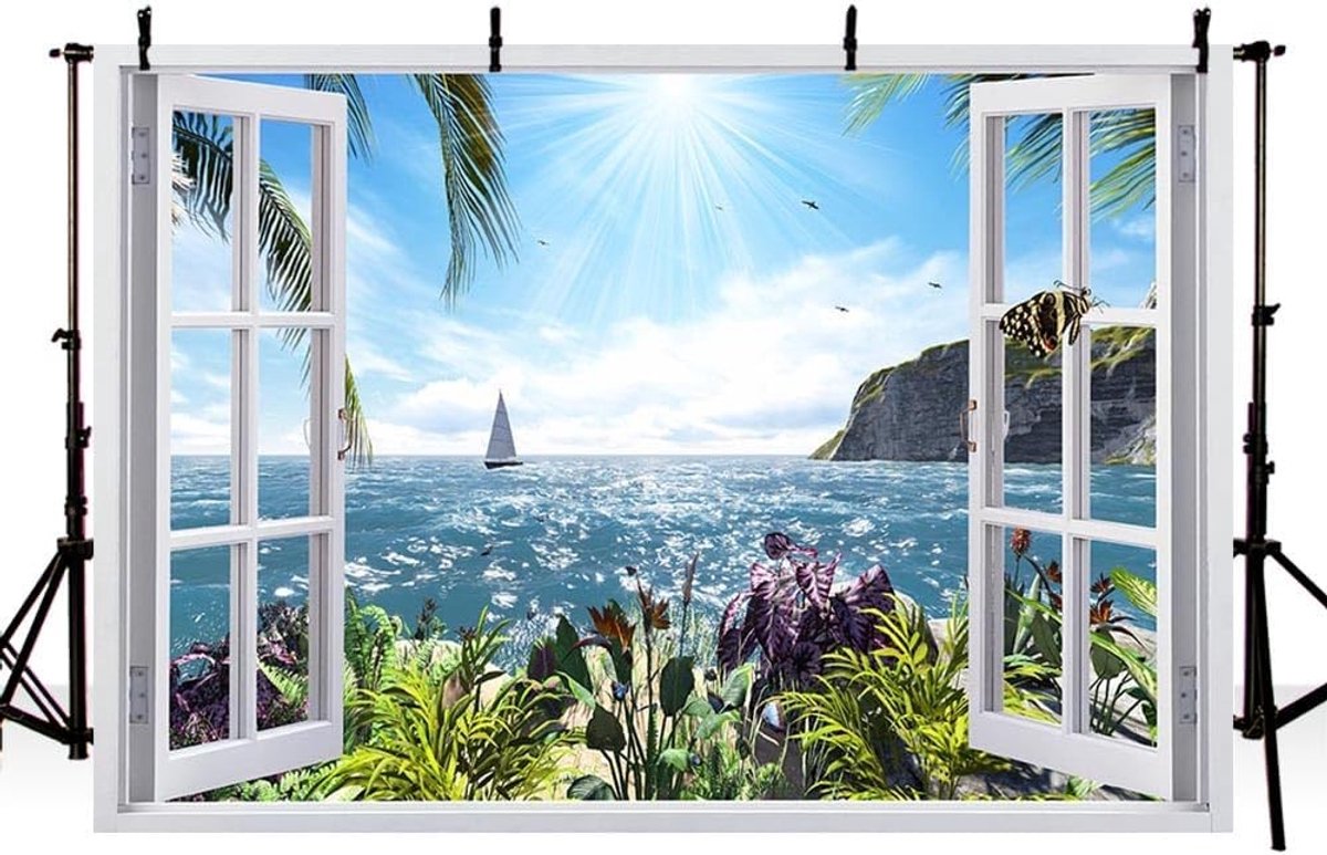Tropisch Boomlandschap Muurdecoratie voor Woonkamer, Slaapkamer en Kantoor - Zee Zonsopgang Fotobehang 2.1x1.5m, Ideaal voor Fotostudio en Interieurstyling