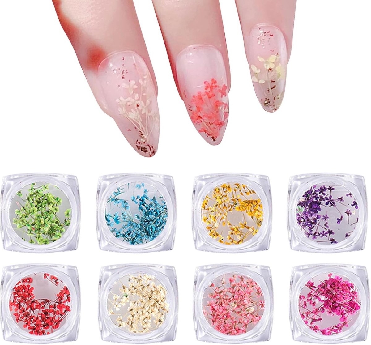 3D Nagelkunst met Gedroogde Bloemen, 8 Potjes Natuurlijke Decoraties voor Manicure en DIY Craft, Kleurrijke Nagelstickers voor Unieke Ontwerpen
