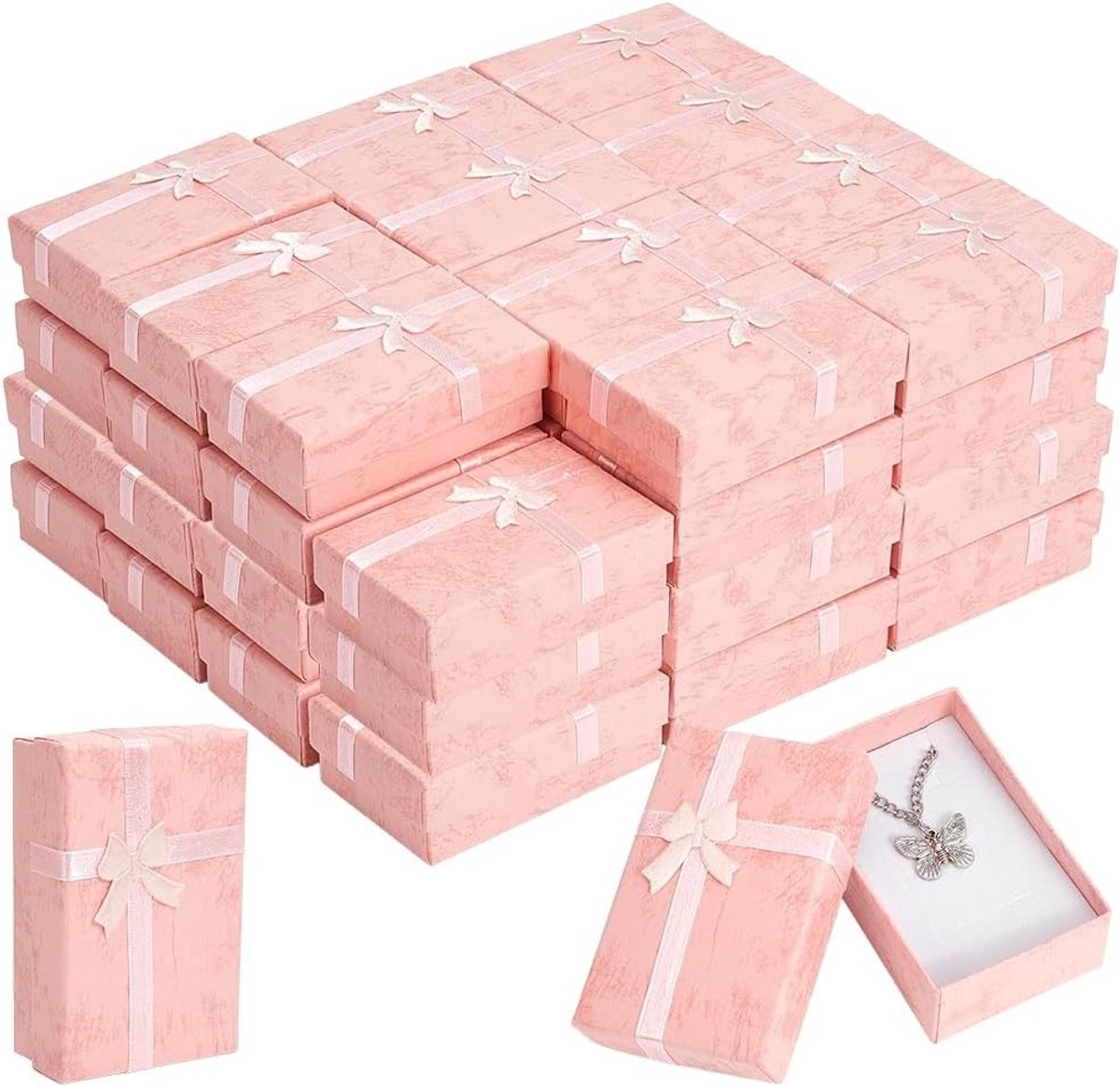 100 Stuks Kleine Kartonnen Sieraden Geschenkdozen Roze Papier Oorbellen Dozen 8x5x2.8cm Bulk Cadeauverpakking met Deksel en Strik voor Bruiloft en Verjaardag