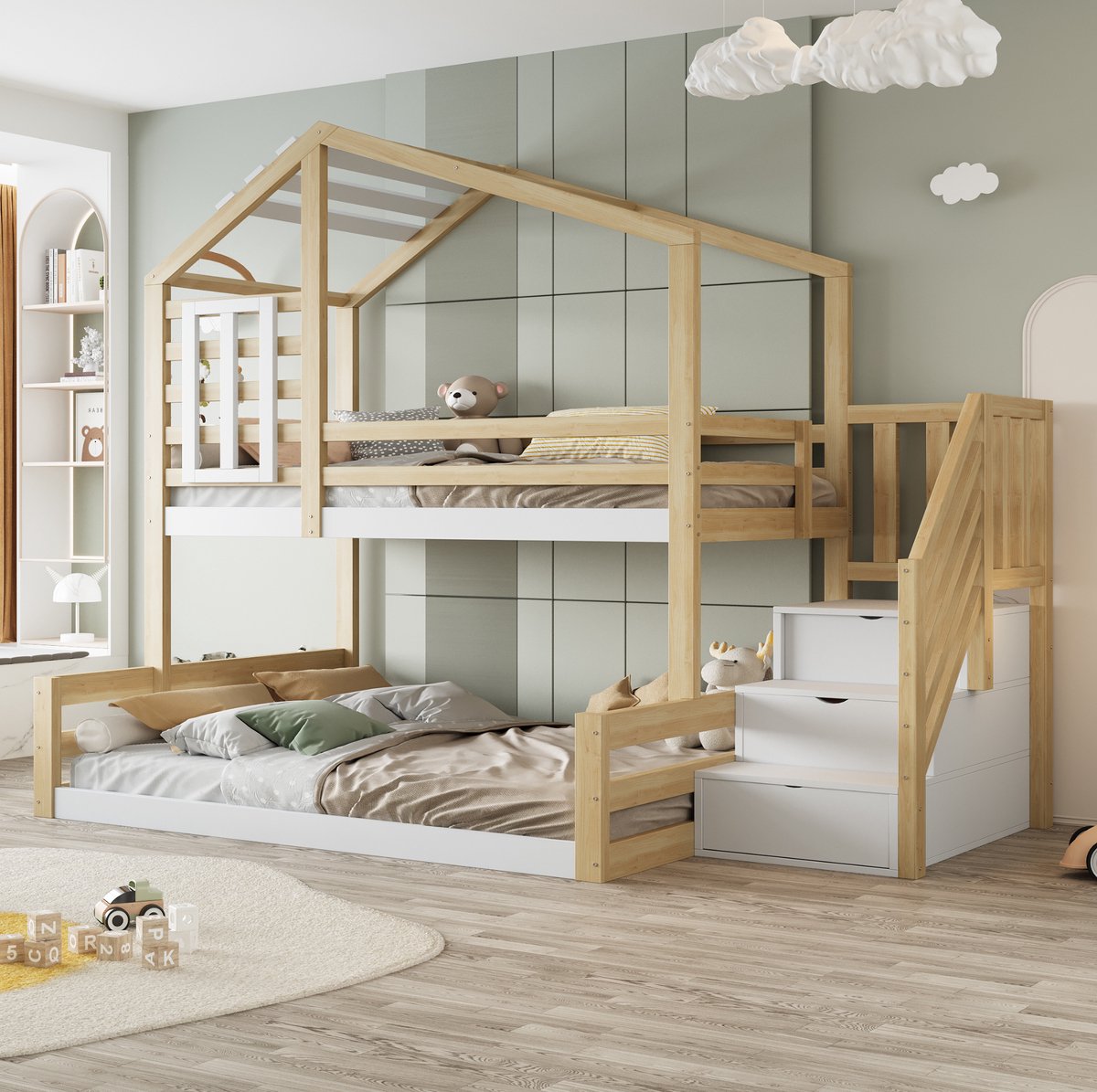 WUVRIE Stapelbed 90x200 en 140x200 cm met opbergtrap, huisvorm en beschermhekken, naturel