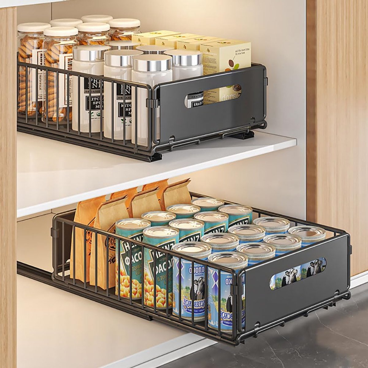SnelShoppen - Uitbreidbare Keuken Organiser met Glijdende Planken en Mand, Opbergoplossing voor Keukenkast, Geen Boren of RIVETTEN Nodig, Zwart, 2 Blo