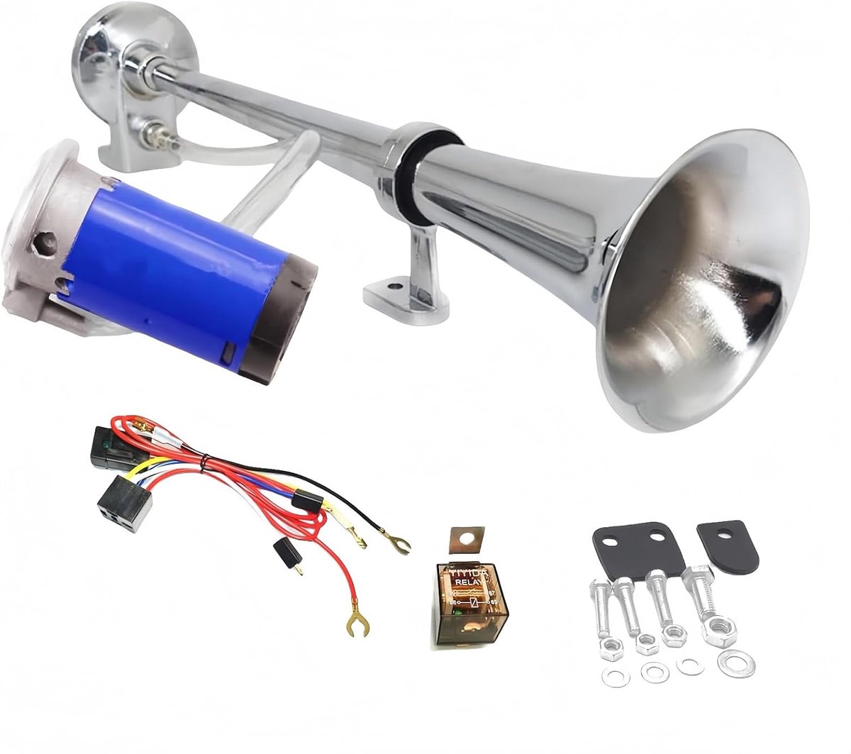 Air Horn Truck Horn Ship Horn 12V Car Horn Loud Speaker combination of silver and blue Chrome Zinc Single Trumpet - ShopVlot