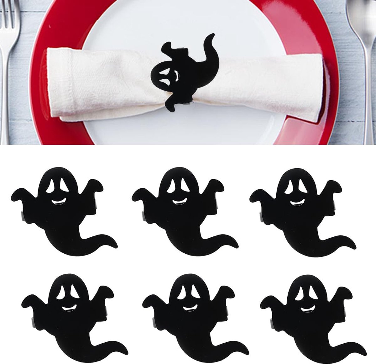 6 Pcs griezelige zwarte Halloween servetringen van roestvrij staal, horror‑stijl tafelaccessoire voor feestjes, diners en feestdagdecoratie