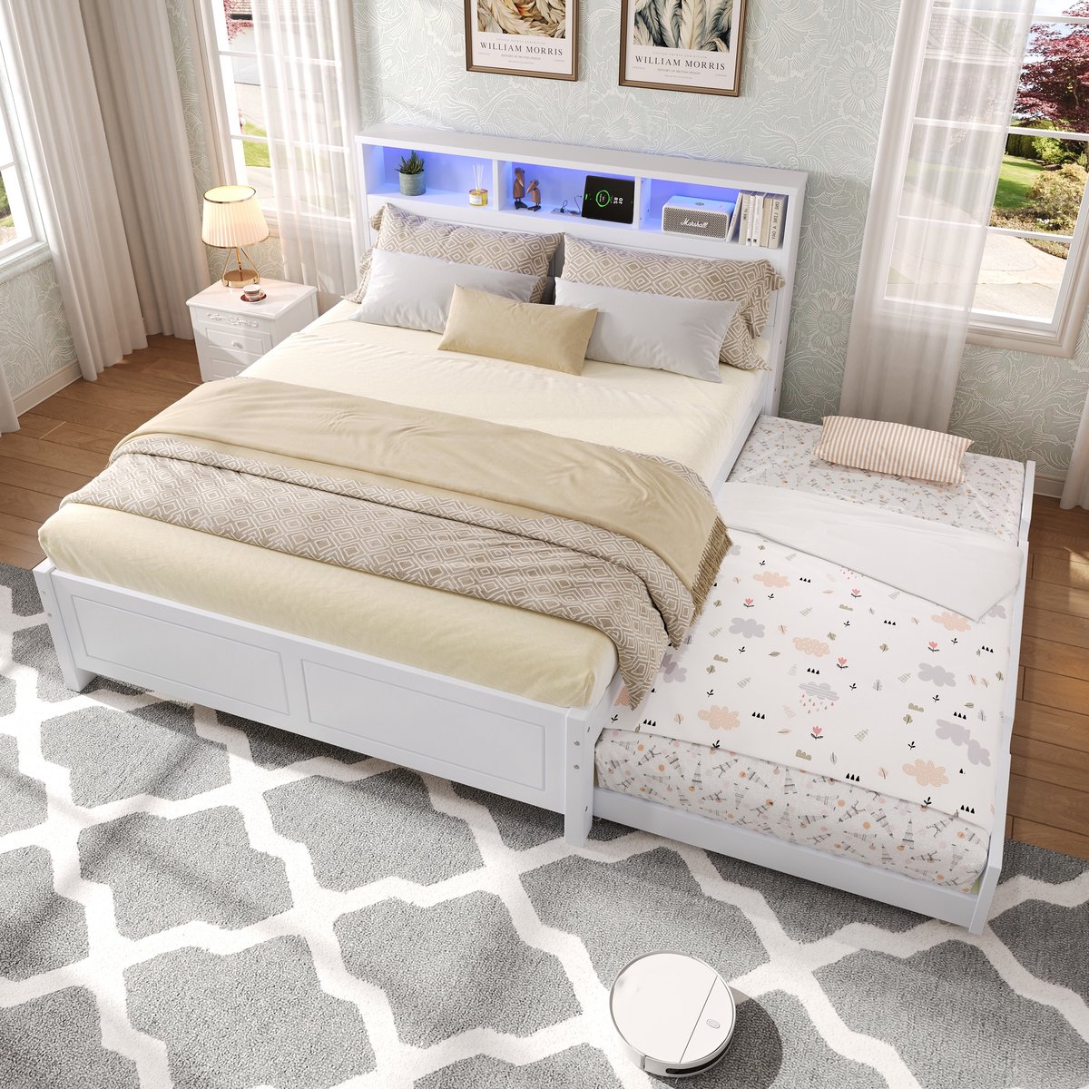 Sweiko Houten bed - 120 x 200cm - LED-verlichting - Oplaadfunctie - Met uittrekbaar bed - Kinderbed - Wit