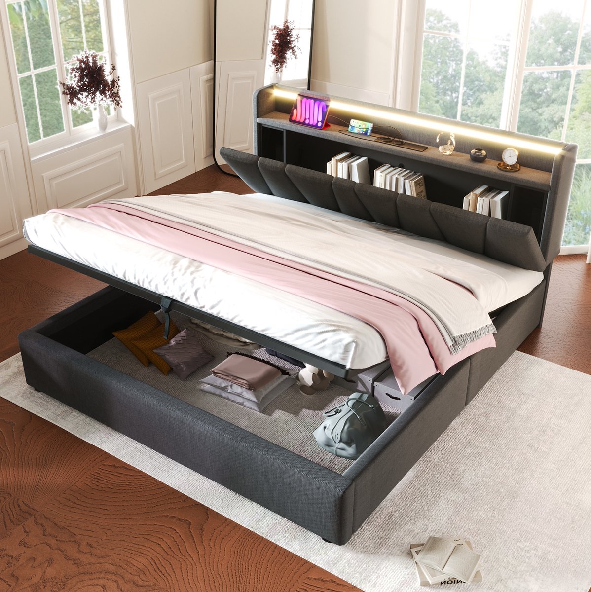 WUVRIE Gestoffeerd tweepersoonsbed 160x200 cm met opbergruimte, LED, USB en Type-C, grijs