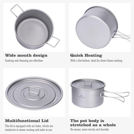 1.8L Camping Kookpot - Lichtgewicht Titanium Kookgerei voor Buiten, Ideaal voor Backpacken en Reizen, Inclusief Soep- en Sauspan — afbeelding 4