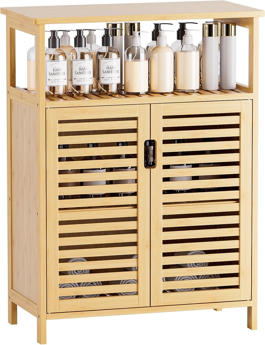 SnelShoppen - Bamboo Badkamer Opbergkast met Dubbele Deuren en Planken, Vrijstaande Vloerkast voor Woonkamer, Keuken, Entree, Natuurlijke Kleur, Grote