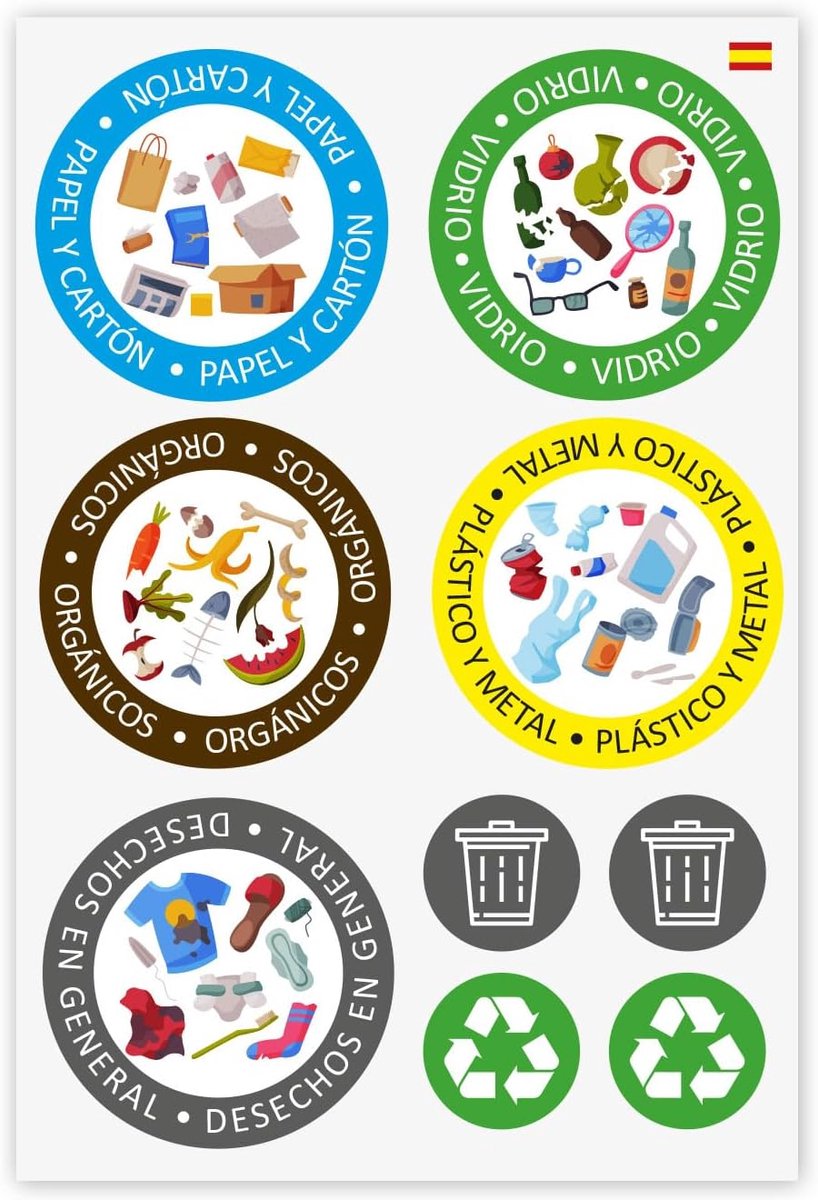 Vuilnisbak stickers set - Spaanse afvalscheiding - 9 stickers - bevorder duurzaamheid - ShopVlot