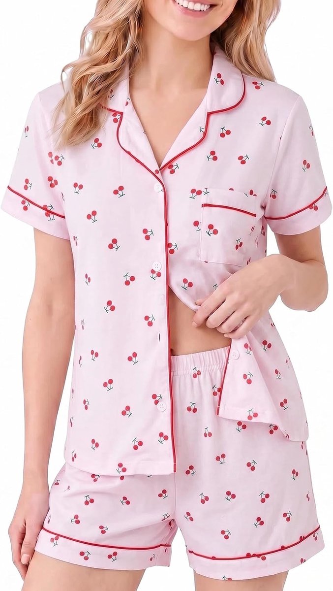 Pyjama voor dames met korte mouwen, zomerpyjama, 2-delige set, slaapnacht, lounge, knoopsluiting, ontspanningskleding voor strand, vakantie, huis, lounge, XS-L
