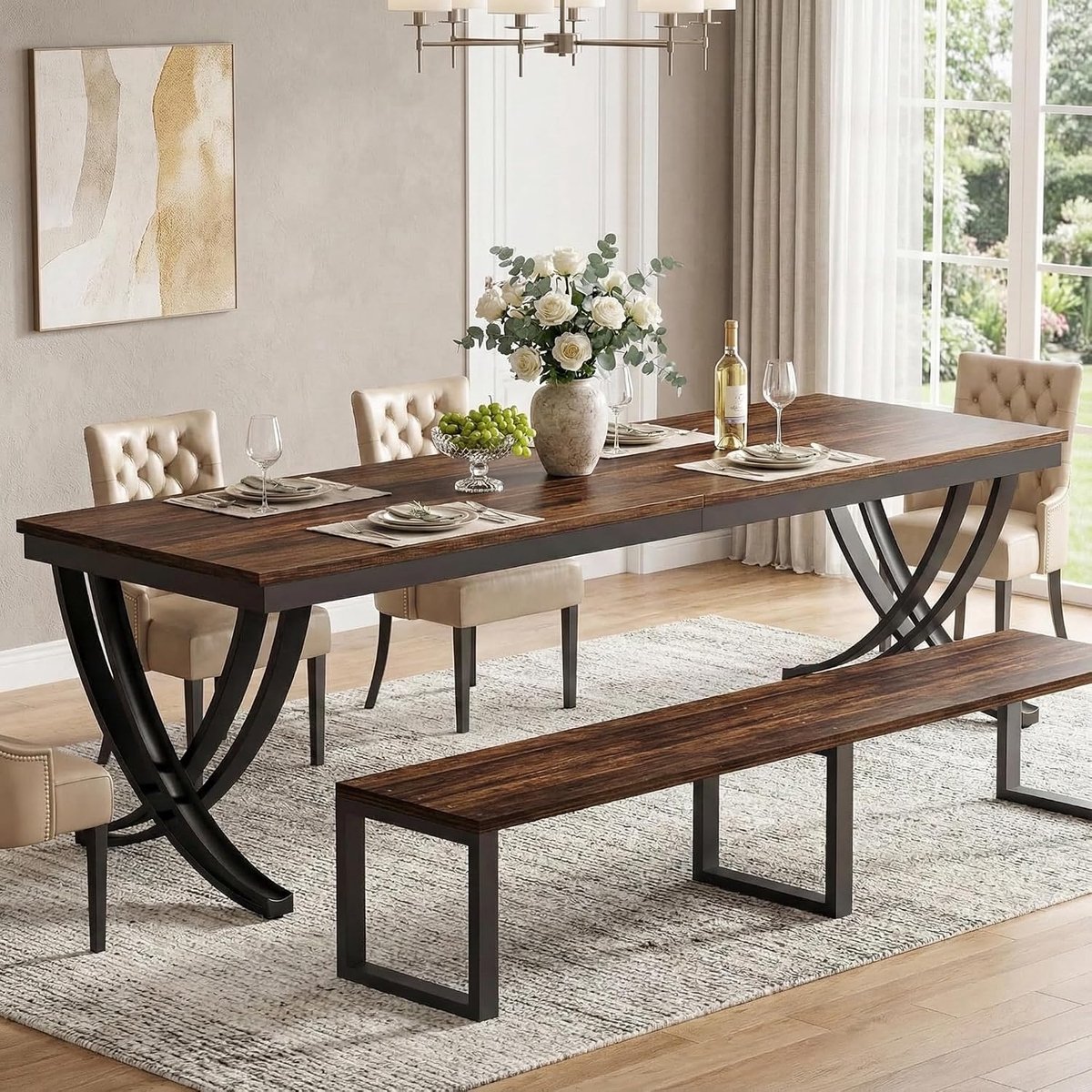 200cm Eettafel, Eetkamertafel Rechthoekige, Keuken & Eetkamer, Houten Eettafel, Dining Table For 6 8, Large Dining Room Table, 200 x 70 x 75 cm, Rustic Brown Black