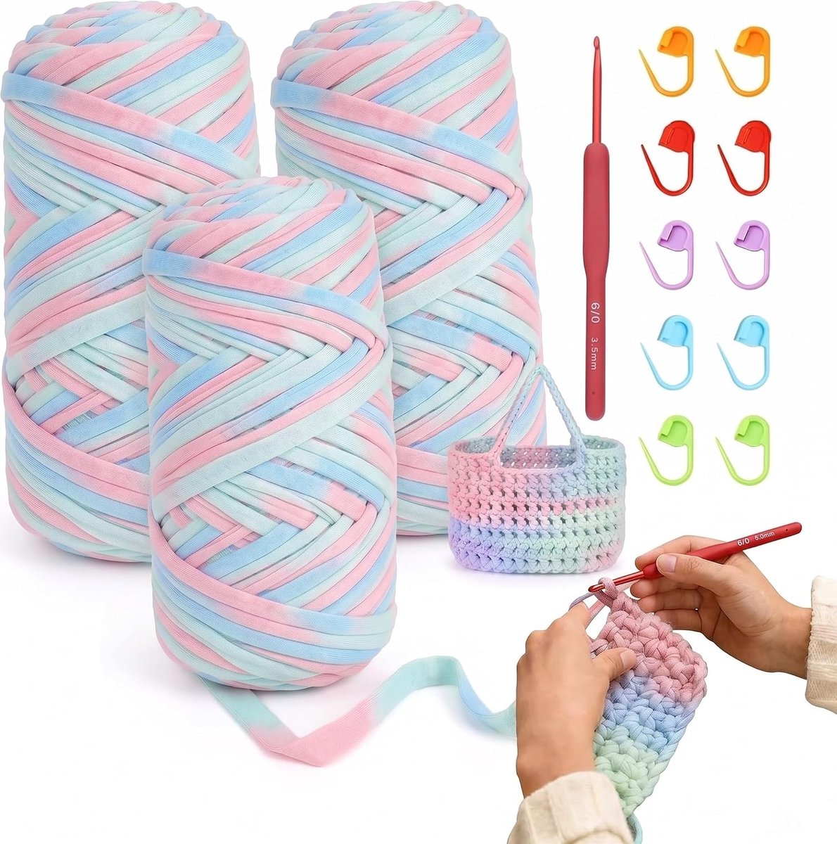 Garen 300 g/90 m (100 g x 3 rollen) textielgaren voor haken en breien, T-shirtgaren, ideaal voor haaktassen, manden, tapijten, knutselprojecten, handwerk en decoratie