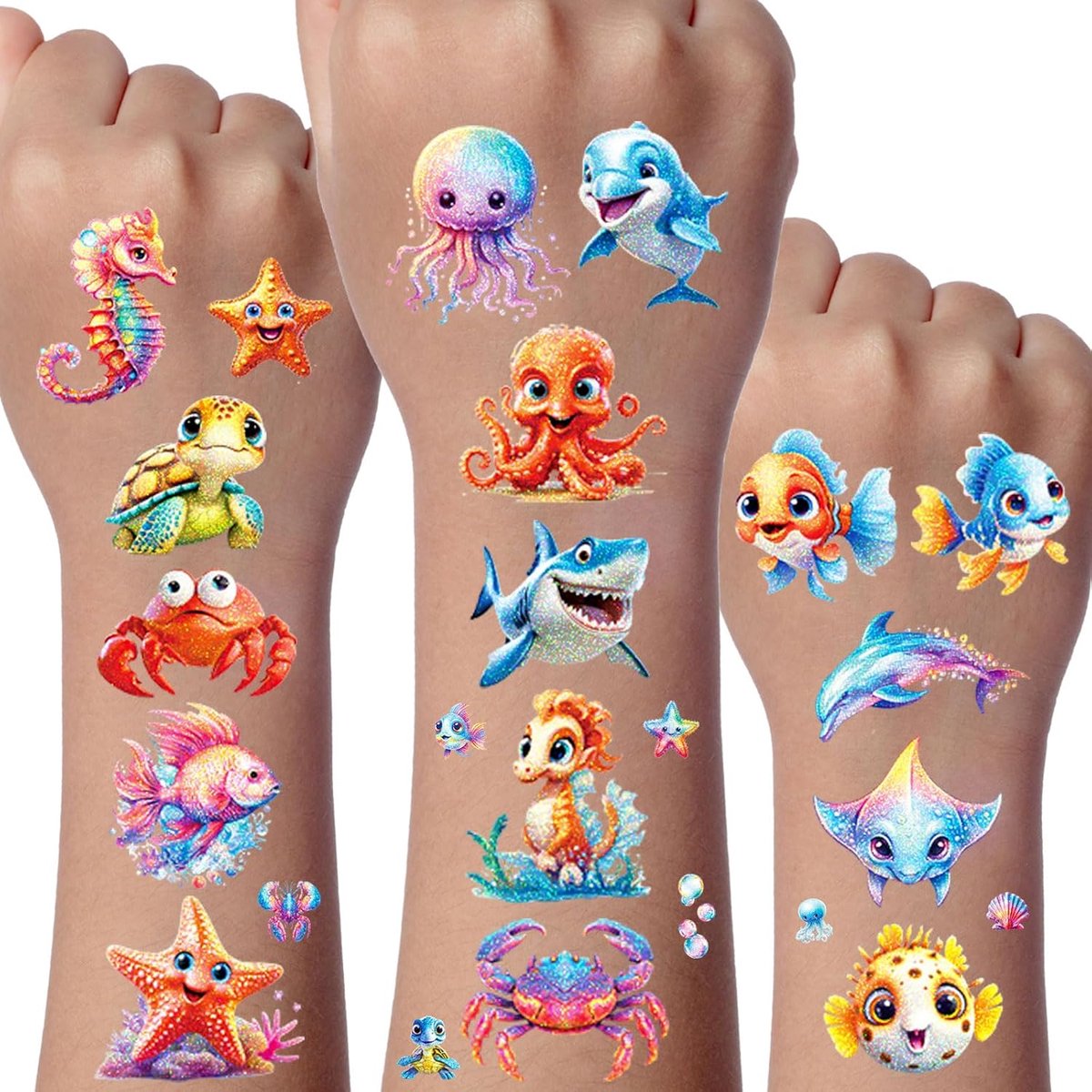 Glitter Tattoo Set, 12 Vellen Ocean Tijdelijke Tatoeages voor Kinderen, Waterdichte Nep Tatoegeringsreeks Met, Feestartikelen, Tatoeagestickers voor Gongens en Meisjes