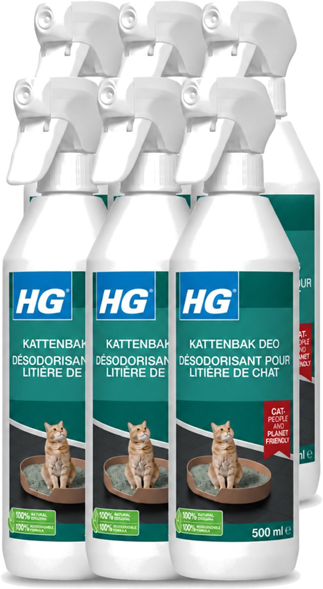 6 x HG - Kattenbak Deo - Neutraliseert Geuren - 100% Biologisch - 500 ml - Voordeelverpakking - 6 stuks