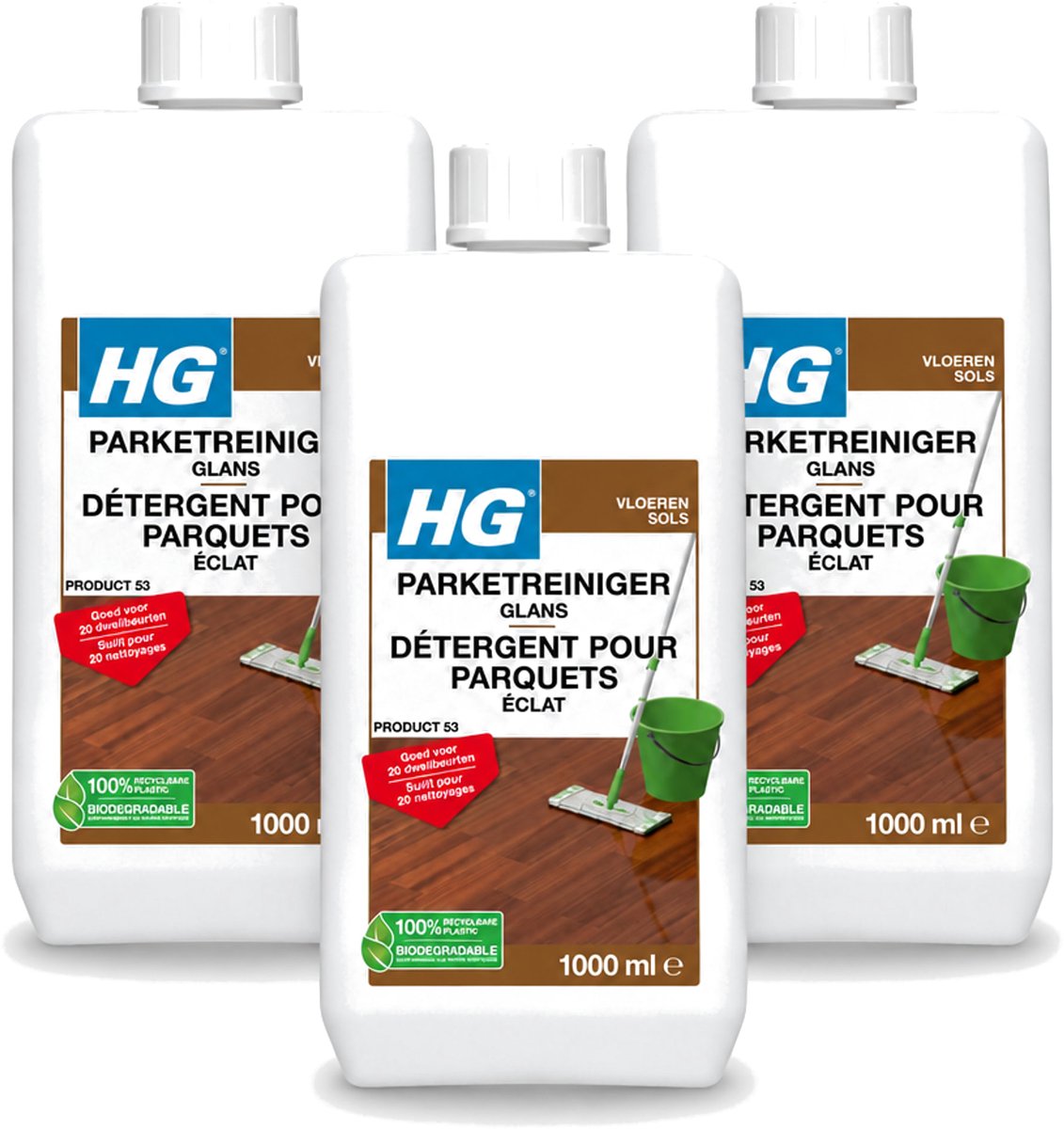 3 x HG - Vloeren - Parketreiniger Glans - 20 Dweilbeurten - 1L - Voordeelverpakking - 3 stuks