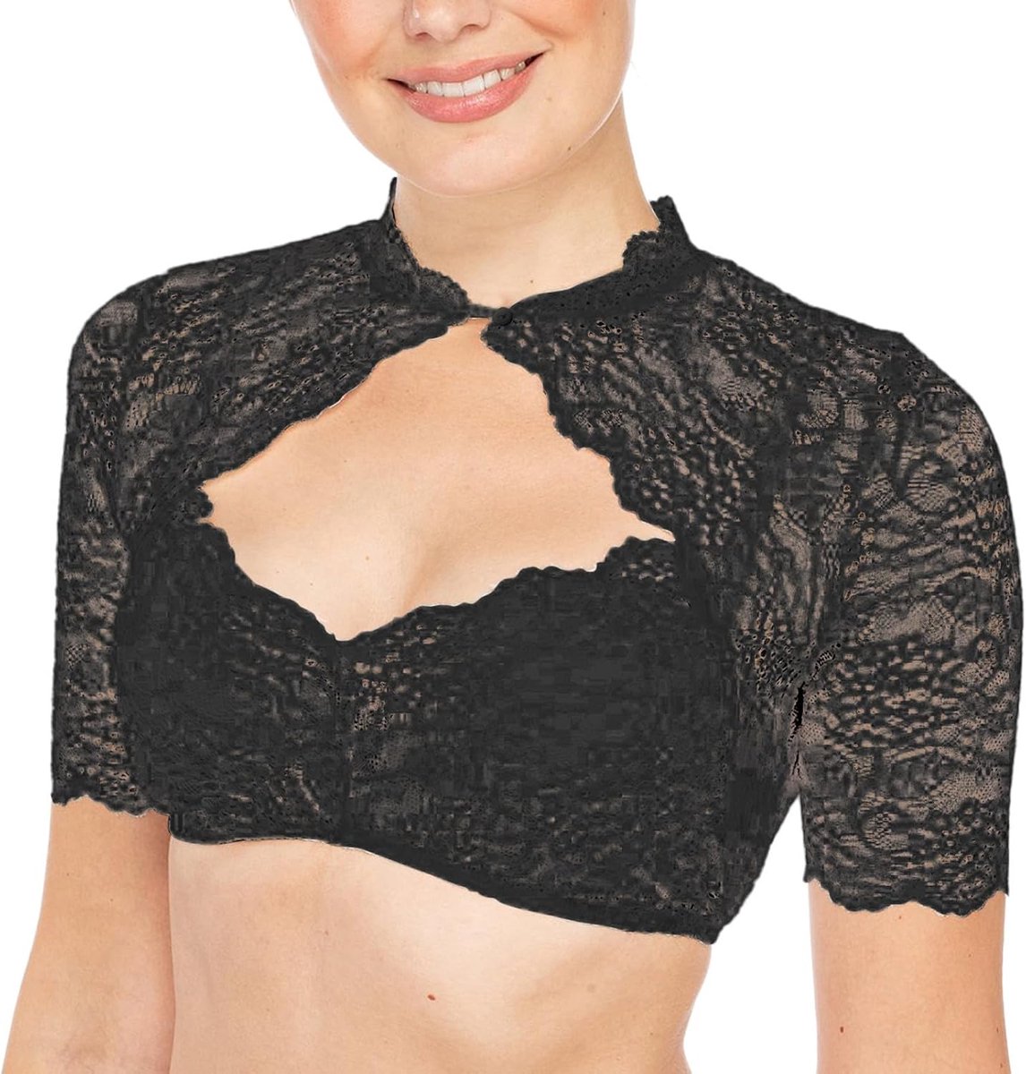 Blouse met pofmouwen en kant, V-hals