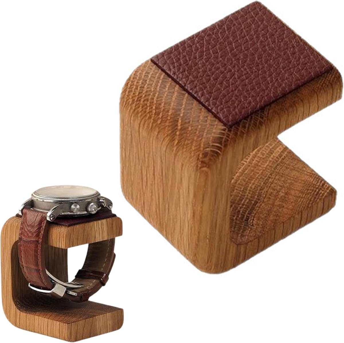 Horlogestandaard van hout, horlogehouder, horloge-opslag met lederen pad