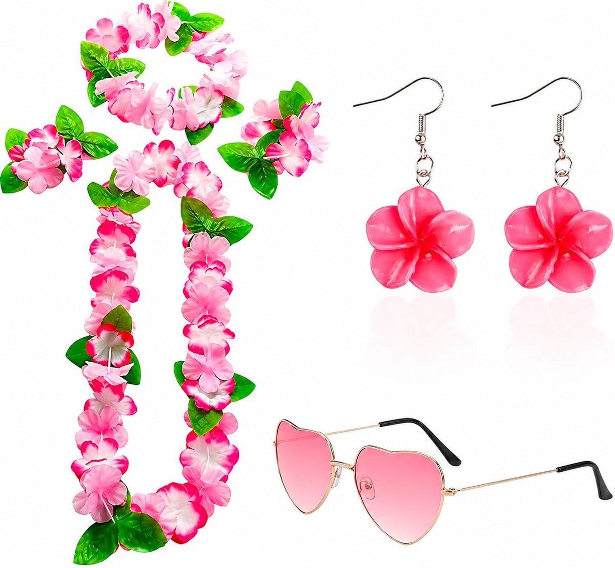 Bloemendecoratie, Hawaï-outfit, damesaccessoires, bloemenkettingen, Hawaï met bloemenarmbanden, hartvormige zonnebril, hoofdband, oorbellen, voor Hawaïkostuum, tropische Luau