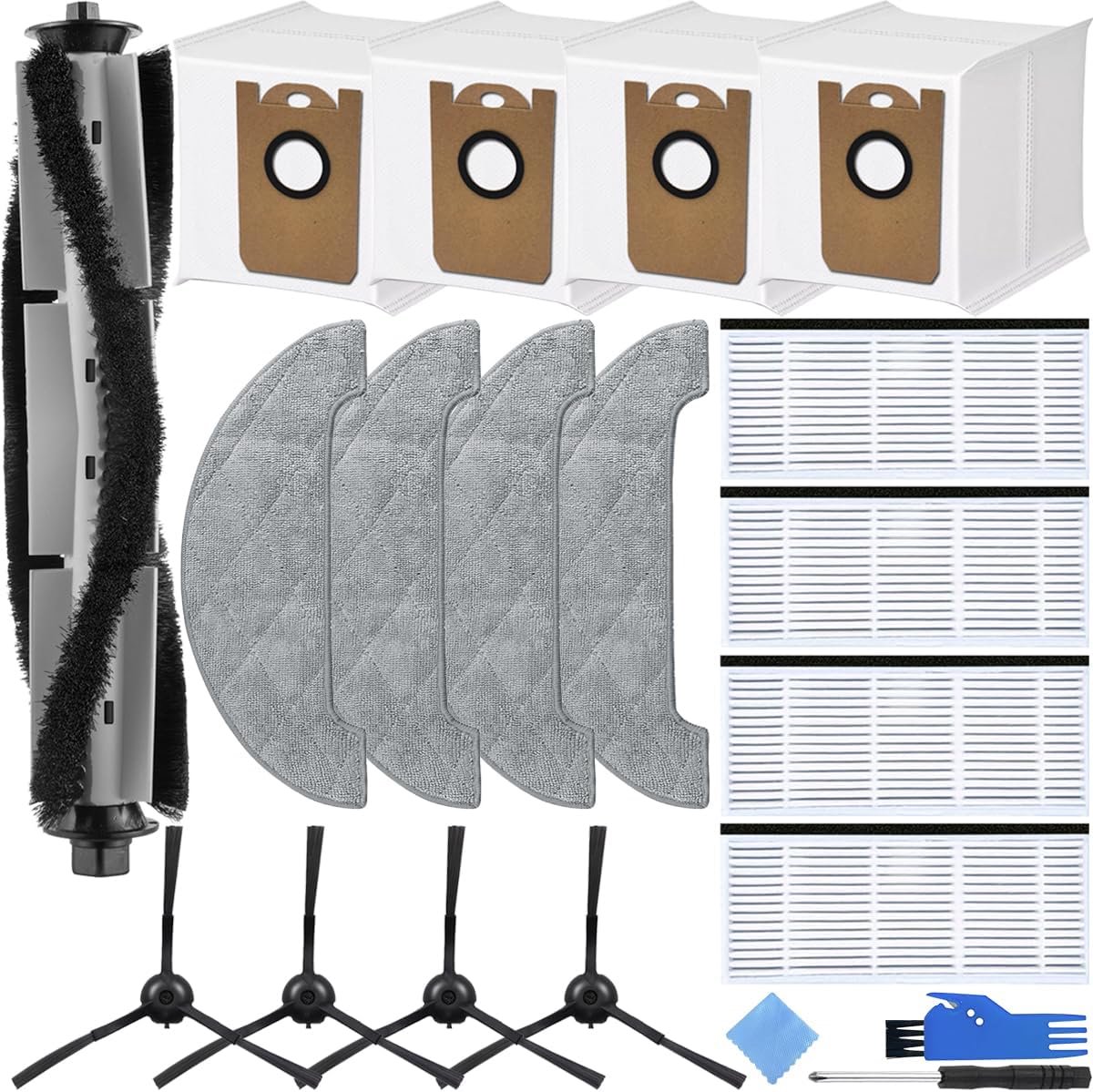 Parts for Laresar L6 Pro, for Honiture Q6 Pro, for Airrobo T10+, for Neabot N2, for Imou L11 Pro Vacuum Cleaner, 1xMain Brush, 4xSide Brushes, 4xDust Bags, 4xFilters, 4xMop Pads